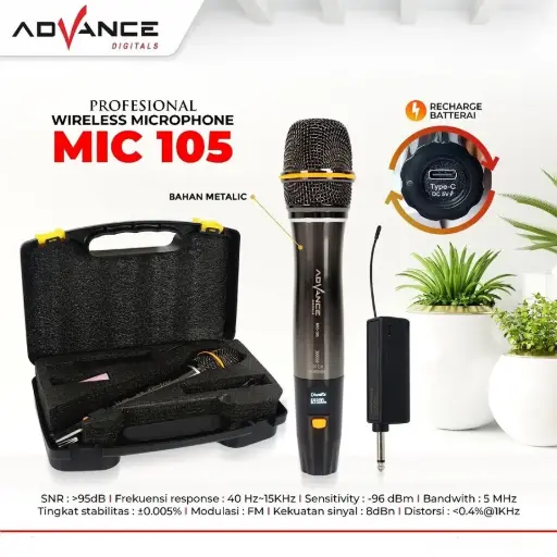 Microphone Profesional Advance MIC-105 / MIC105 Mic Wireless Silver Metalic – Garansi Resmi 1 Tahun 
