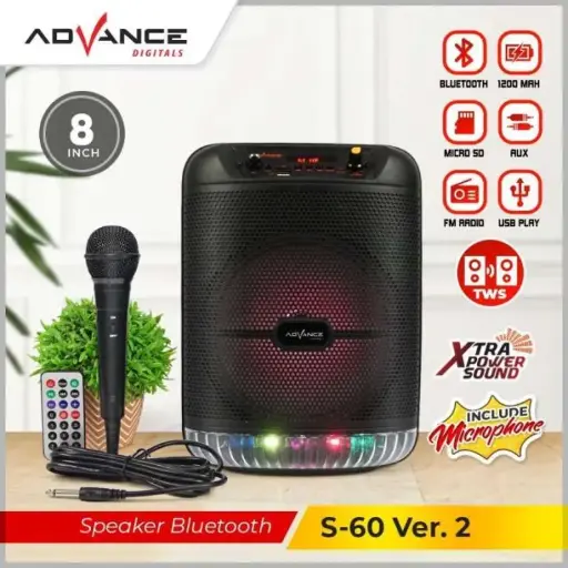 Speaker Advance Bluetooth Music & Karaoke S-60 8inch / S60 8" Free Mic