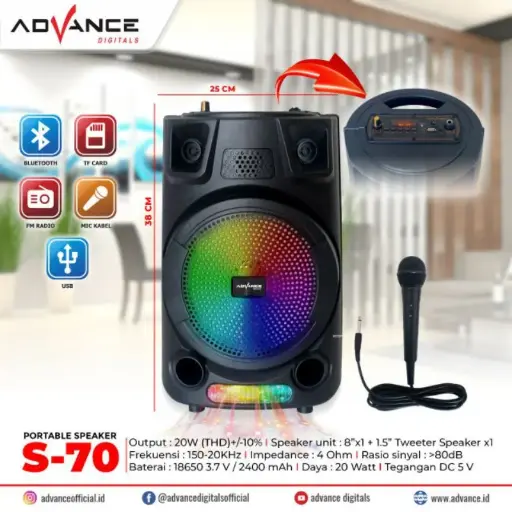 Speaker Advance S 70 KS-612 BT Bluetooth Plus Mic Karaoke Advance S70 Speaker Meeting 8" inch s70