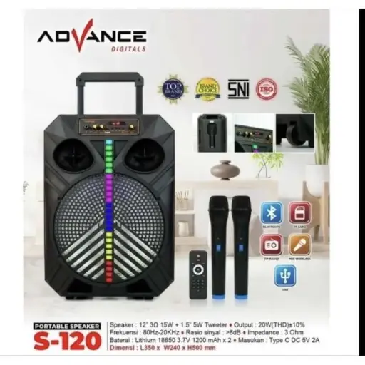 Advance Speaker S-120 Bluetooth Music Karaoke 12inch Free 2 Mic